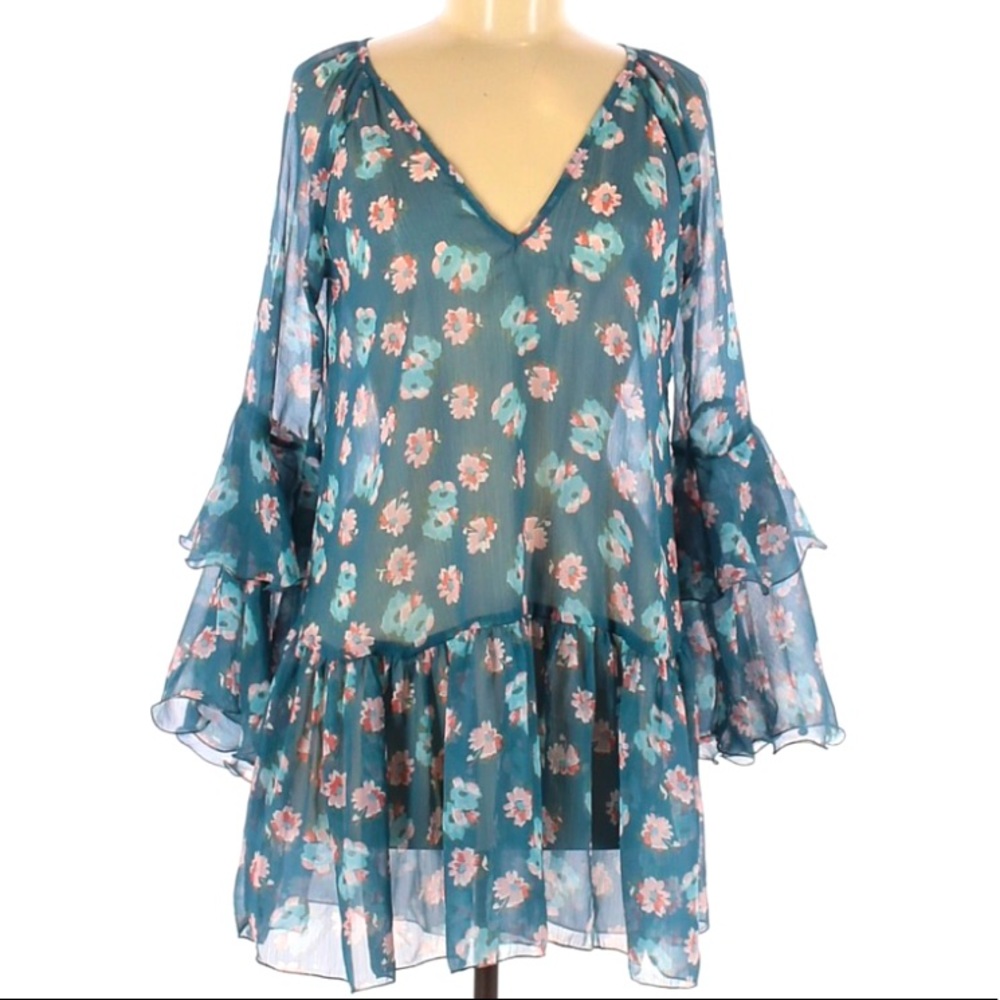 Billabong Sheer Casual Short Ruffled Boho Dress CoverUp Size Small Teal Floral